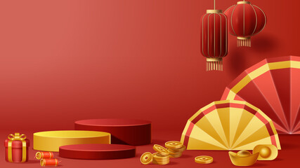 Chinese New Year display podium decoration background with chinese ornament. Vector 3D Illustration