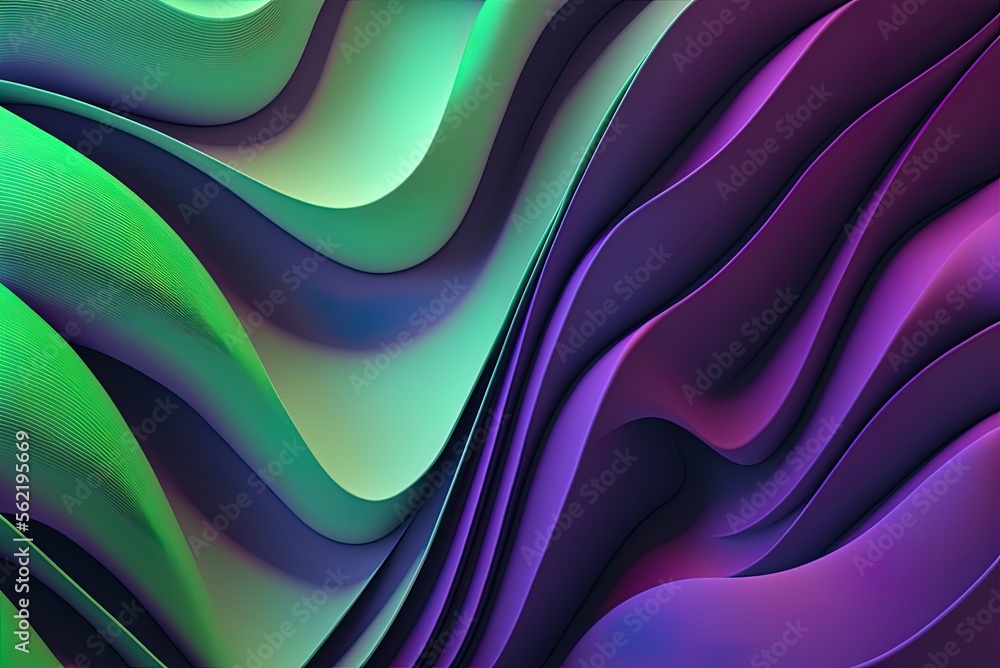 Poster waves with a green and violet color scheme. cool abstract style. generative ai