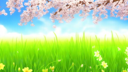 Obraz na płótnie Canvas Green grass and white flower spring background.