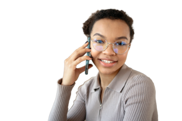 Portrait female Student with glasses making a phone call, isolated transparent background.