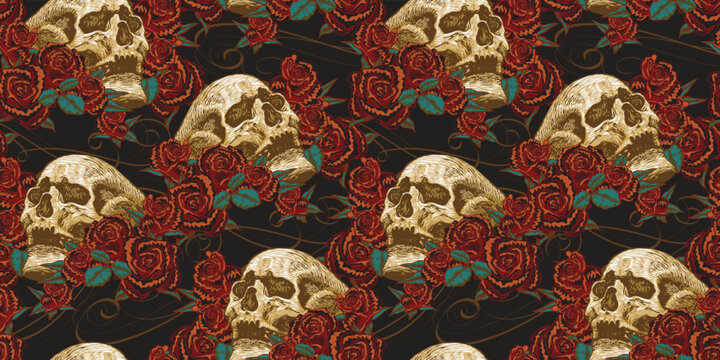 Fototapeta vector image of a seamless texture of a skull in roses