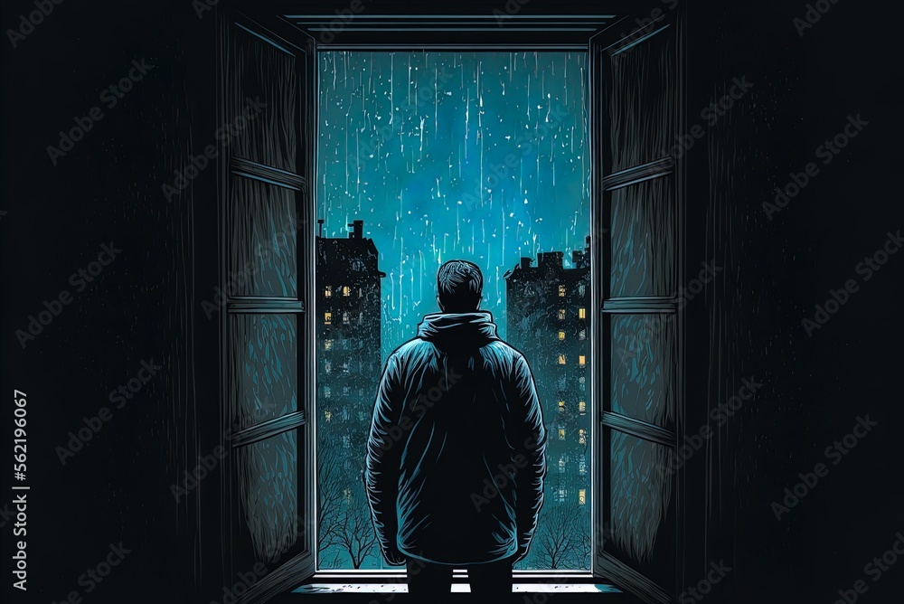 Poster a guy is reflected in the rearview mirror of a car as he stands at a window and looks generative ai