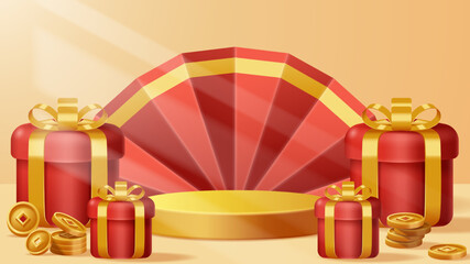 Chinese New Year display podium decoration background with chinese ornament. Vector 3D Illustration