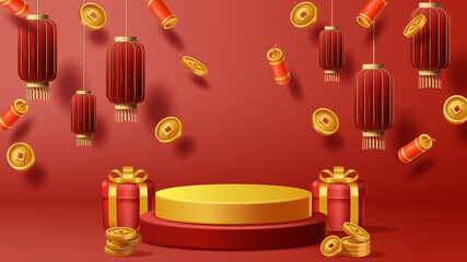 Chinese New Year display podium decoration background with chinese ornament. Vector 3D Illustration