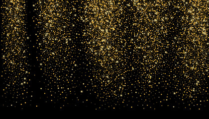 Fototapeta premium Gold glitter confetti on a black background. Shiny particles scattered, sand. Decorative element. Luxury background for your design, cards, invitations, vector
