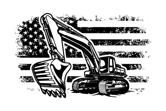 Excavator with USA Flag Logo Design