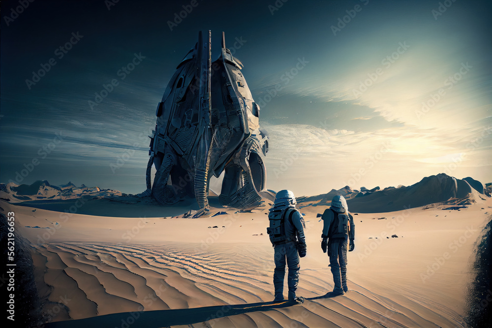 Poster astronauts on planet in deep space, spacemen look at alien spaceship, generative ai