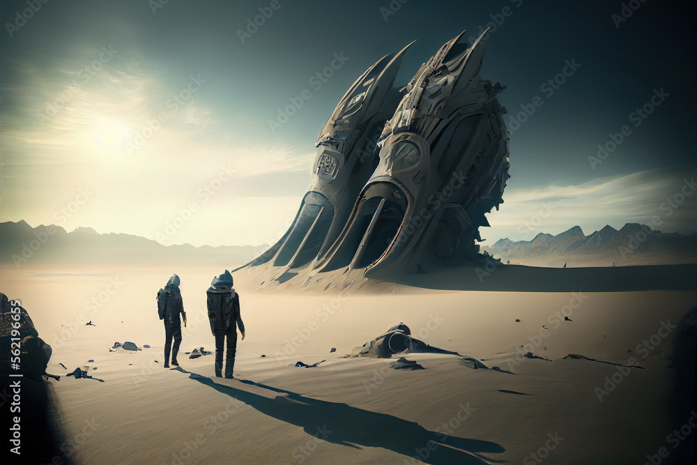 Aufkleber astronauts on planet in deep space, spacemen look at crashed alien spaceship, generative ai