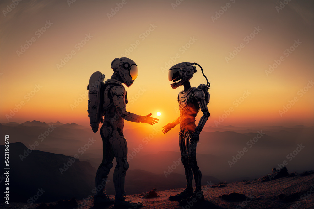 Poster astronaut and alien or android on planet in deep space at sunset, generative ai