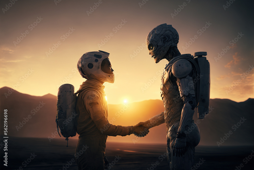 Poster astronaut and alien or android on planet in deep space at sunset