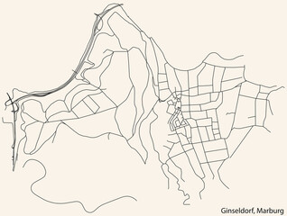 Detailed navigation black lines urban street roads map of the GINSELDORF DISTRICT of the German town of MARBURG, Germany on vintage beige background