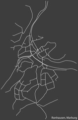 Detailed negative navigation white lines urban street roads map of the RONHAUSEN DISTRICT of the German town of MARBURG, Germany on dark gray background