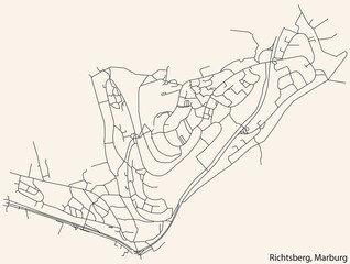 Detailed navigation black lines urban street roads map of the RICHTSBERG DISTRICT of the German town of MARBURG, Germany on vintage beige background