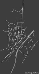 Detailed negative navigation white lines urban street roads map of the GISSELBERG DISTRICT of the German town of MARBURG, Germany on dark gray background