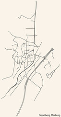 Detailed navigation black lines urban street roads map of the GISSELBERG DISTRICT of the German town of MARBURG, Germany on vintage beige background