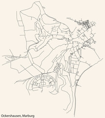 Detailed navigation black lines urban street roads map of the OCKERSHAUSEN DISTRICT of the German town of MARBURG, Germany on vintage beige background