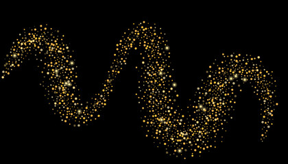 Gold glitter confetti on a black background. Shiny particles scattered, sand. Decorative element. Luxury background for your design, cards, invitations, vector
