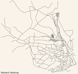 Detailed navigation black lines urban street roads map of the MARBACH DISTRICT of the German town of MARBURG, Germany on vintage beige background