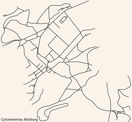 Detailed navigation black lines urban street roads map of the CYRIAXWEIMAR DISTRICT of the German town of MARBURG, Germany on vintage beige background