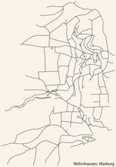 Detailed navigation black lines urban street roads map of the WEHRSHAUSEN DISTRICT of the German town of MARBURG, Germany on vintage beige background