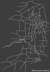 Detailed negative navigation white lines urban street roads map of the WEHRSHAUSEN DISTRICT of the German town of MARBURG, Germany on dark gray background