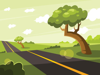 Tree growing near a country road. Summer landscape. Scenic countryside. Vector graphics