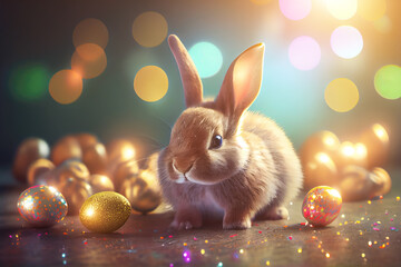 Joyeuses Pâques. Fête de Pâques. Lapin mignon et oeufs de Pâques. Generative AI. - 562197030