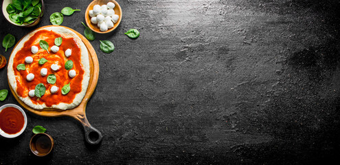 Preparation pizza. Rolled out dough with tomato paste, spinach and mozzarella.