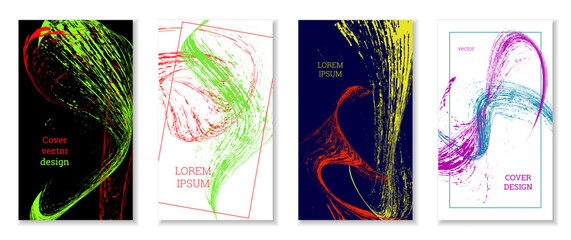 Drawn strokes, waves. Abstract cover. Set of 4 covers, vector.