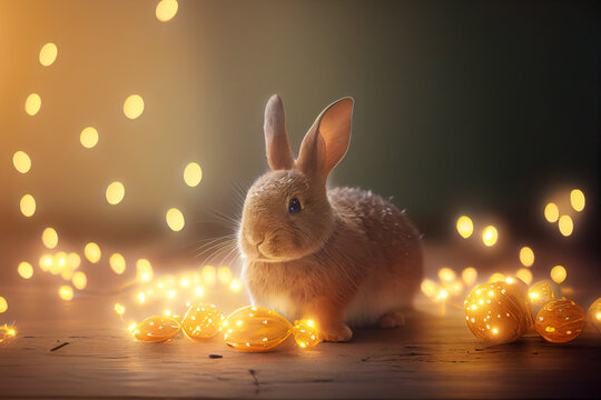 Joyeuses P&acirc;ques. F&ecirc;te de P&acirc;ques. Lapin mignon et oeufs de P&acirc;ques. Generative AI.