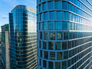 Drone view of skyscrapers over the city. Concept of a modern city with skyscrapers. Aerial view of...