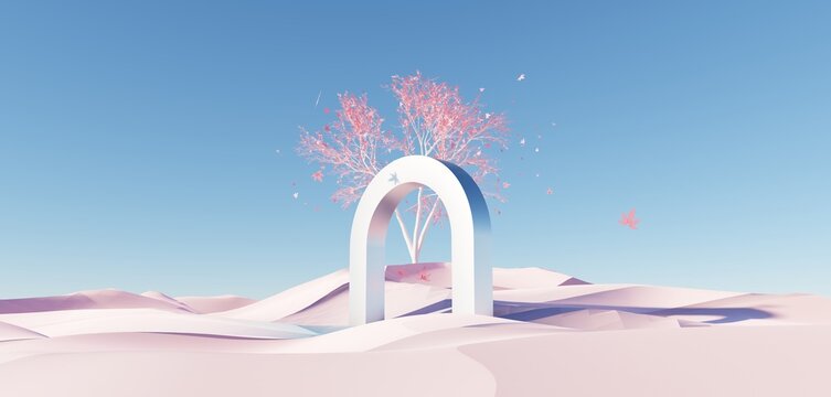 Surreal Beautiful Dream land background. Abstract Dune in winter season landscape with geometric arch. Fantasy island scenery with water and natural cloudy sky. Metallic mirror arch. 3d render.