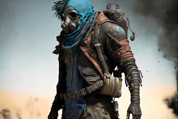 Man with and gas mask and blue hair, post apocalypse survivor. AI digital illustration