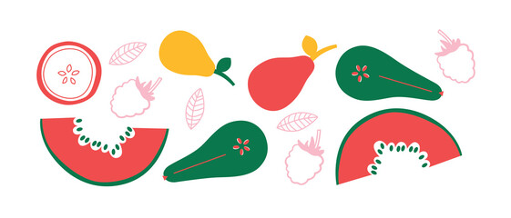 Vector Organic fruits template. Set of juicy fruits in cartoon style . Healthy lifestyle, vegetarianism