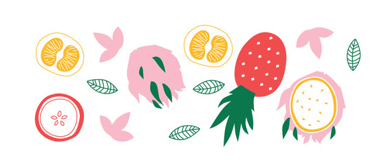 Vector Organic fruits template. Set of juicy fruits in cartoon style . Healthy lifestyle, vegetarianism