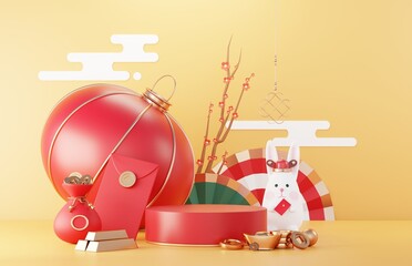 Happy Chinese new year 2023 with the year of Rabbit. Traditional Podium for showing product. Lunar new year red background decorate with Chinese texture, gold, coins, and zodiac sign. 3D render.