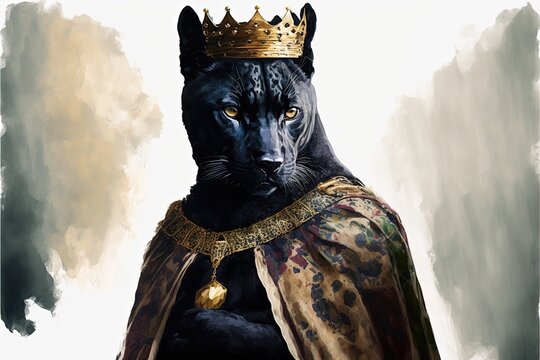 Black panther king painting with king crown and cape, white background. AI digital illustration