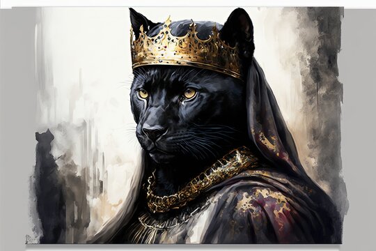 Black panther king painting with king crown and cape, white background. AI digital illustration