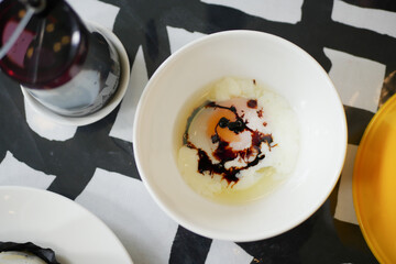 Fried eggs in the plate close up ,