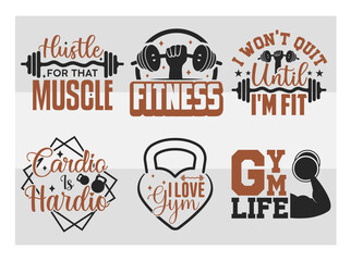 Obraz premium Fitness, I Won't Quit Until I'm Fit, Cardio Is Hardio, Gym Life, Hustle For That Muscle, I Love Gym, SVG, Gym Quotes, Gym Bundle design