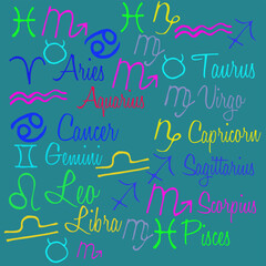 Stylized all signs zodiac, font. Hand drawn.