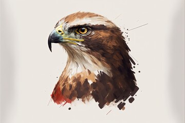 Hawk face with imposing look, white background. AI digital illustration
