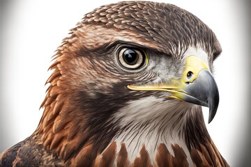 Hawk face with imposing look, white background. AI digital illustration
