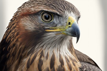 Obraz premium Hawk face with imposing look, white background. AI digital illustration