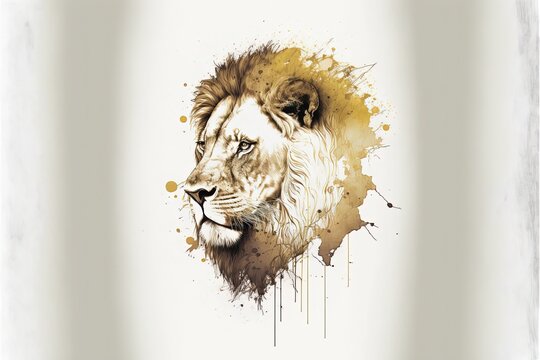 Lion face standing still with imposing pose, painting style with background. AI digital illustration
