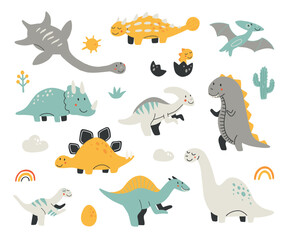 Collection of cute baby dinosaurs. Hand drawn brontosaurus, tyrannosaurus, pterodactyl, triceratops, stegosaurus, spinosaurus, plesiosaurus, ankylosaurus, velociraptor, parasaurolophus pastel colors