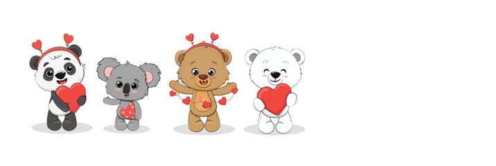 Obraz premium Cute cartoon polar bear cub,panda,koala,teddy bear with a hearts for your disign. Valentine's day card. Vector illustration