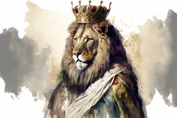 Lion painting with king's crown and cape. AI digital illustration