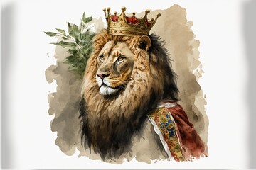 Lion painting with king's crown and cape. AI digital illustration