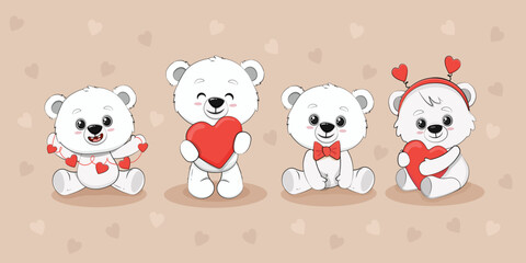 Cute cartoon polar bear cub with a heart for your disign. Valentine's day card. Vector illustration